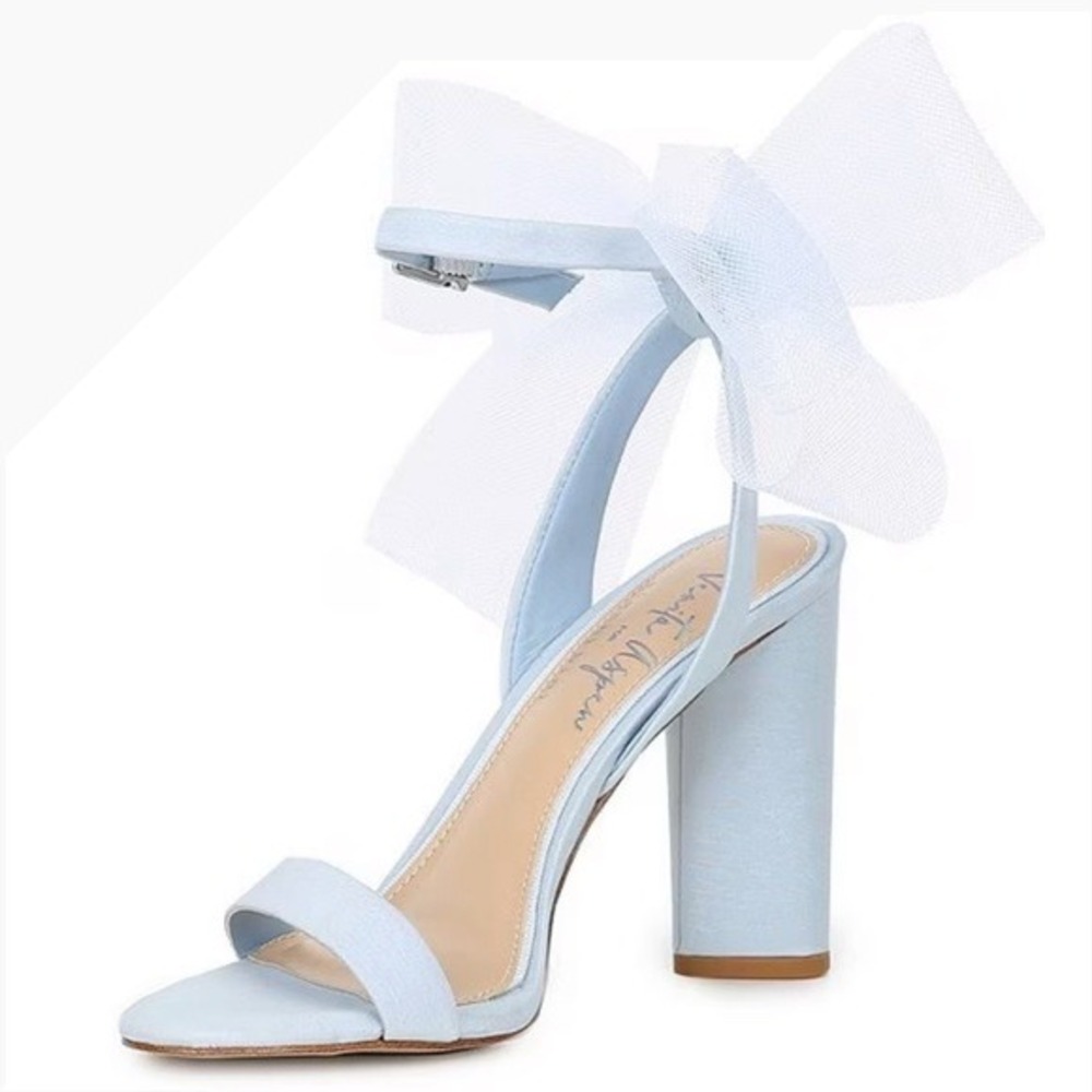 Venita Aspen Gianni Bini Blue Tulle Bow‎ Block Heel Sandals Wedding Bridal 6M